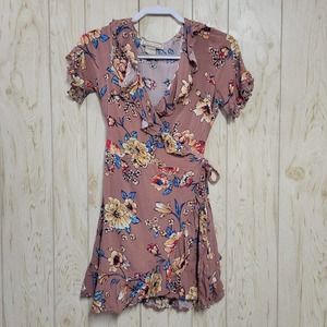 FLYING TOMATO FLoral Wrap Around Mini Ruffle Dress S
